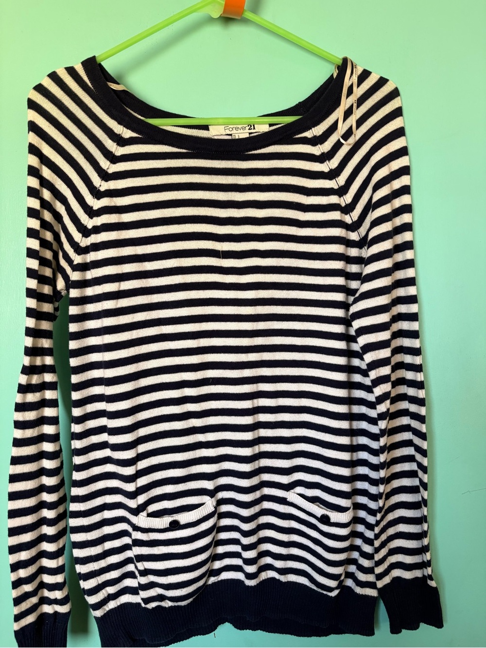 Forever 21 Black & White Striped Long Sleeve Pocket Sweater